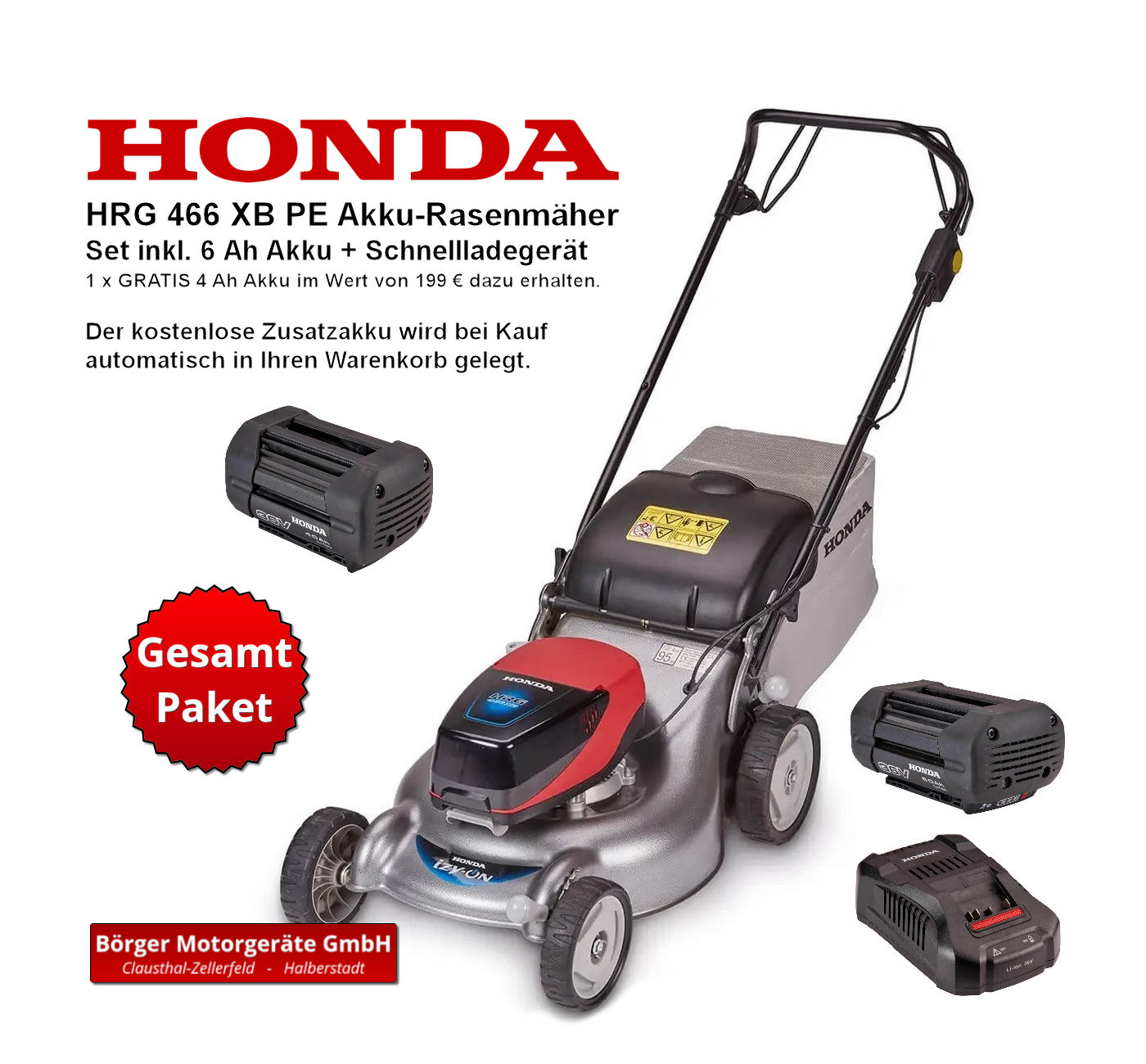 Honda HRG 466 XB PE Rasenmäher Set + GRATIS 4 Ah Akku